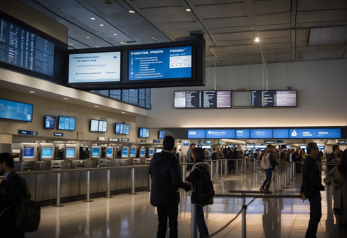 A bustling airport terminal with people checking arrival and departure screens, while a prominent display showcases Porter Airlines' contact information