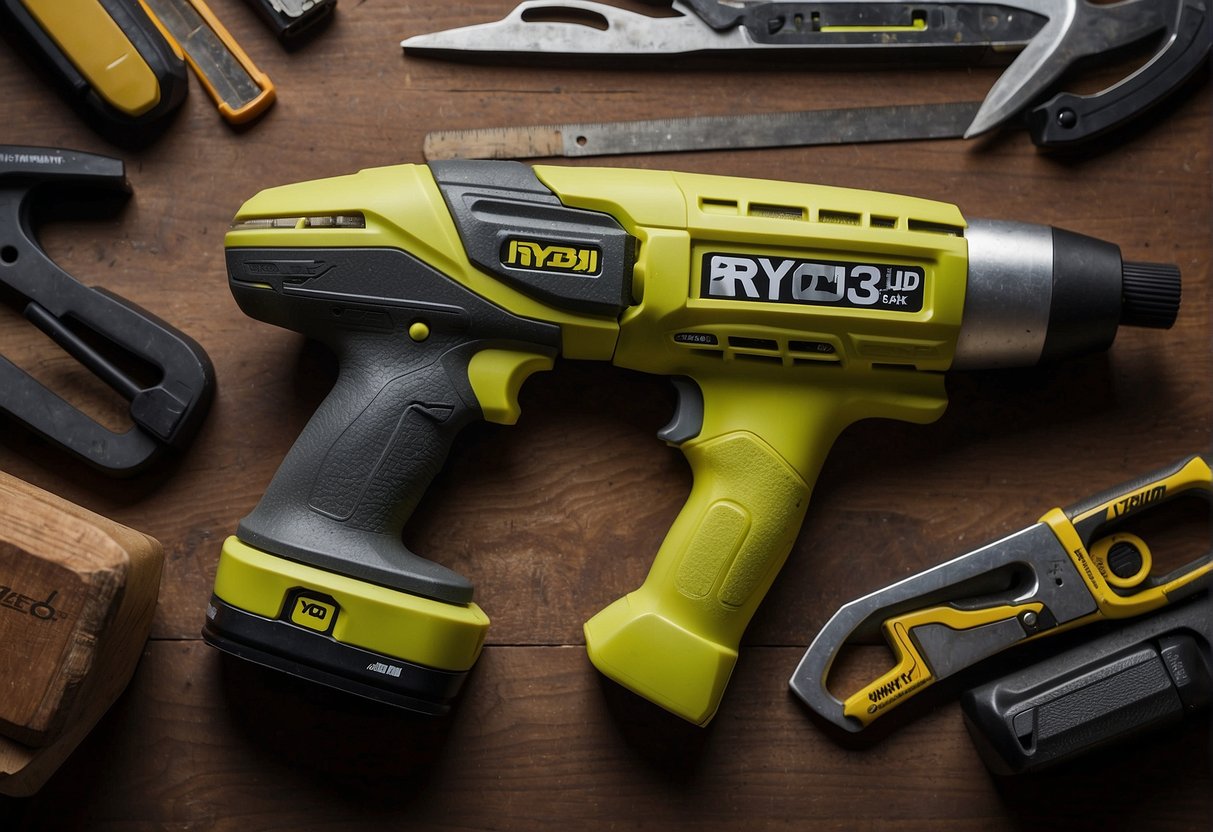 A hand reaching for the Ryobi P236 and P237, comparing their size, weight, and grip. Both tools are displayed against a backdrop of various DIY materials and projects