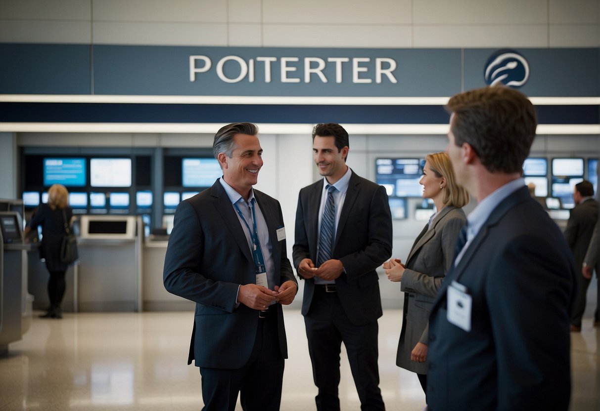 Passengers speaking to Porter Airlines staff, exchanging contact info