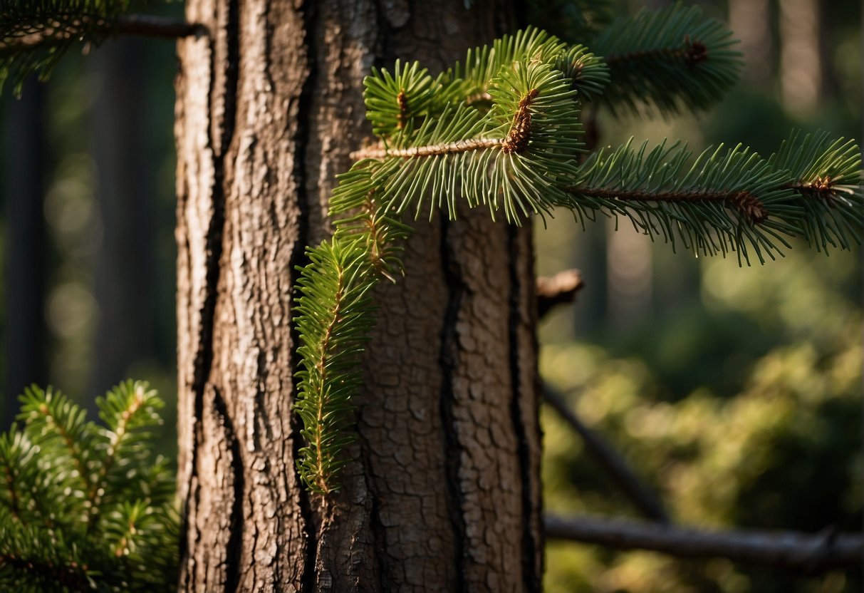 A towering douglas fir tree stands tall and strong, contrasting with a pressure-treated wooden fence post