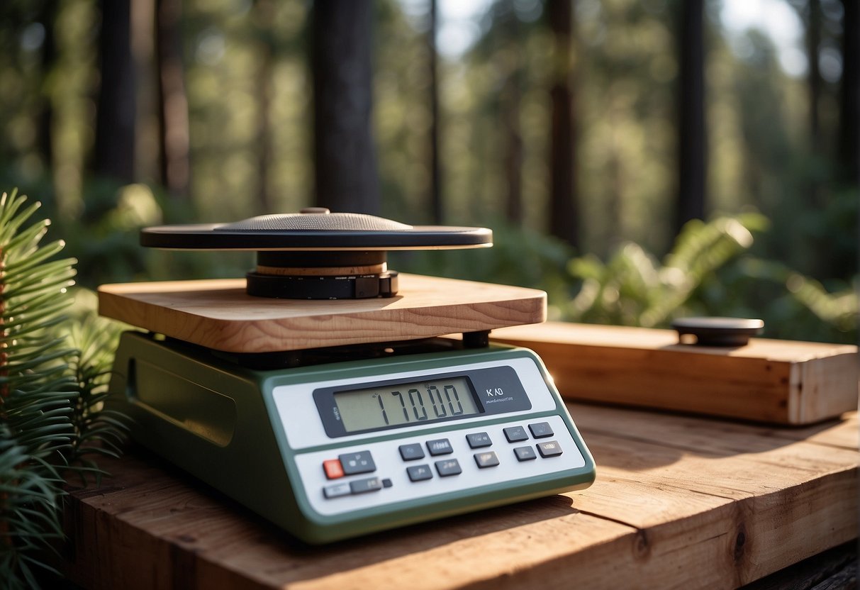 A scale weighing douglas fir and pressure treated wood with price tags and maintenance tools nearby
