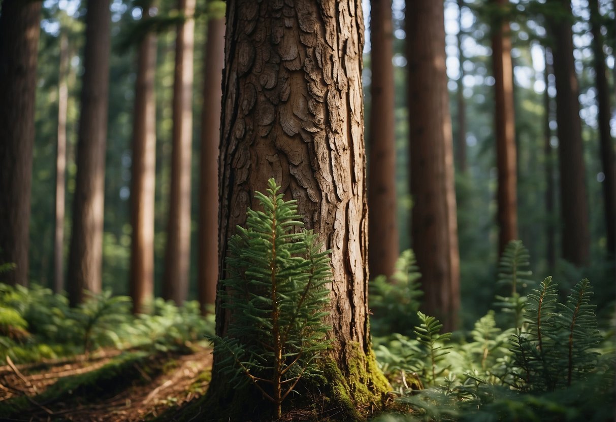 A healthy Douglas fir tree stands tall in a lush forest, while nearby, a pressure treated wood structure shows signs of decay and environmental impact