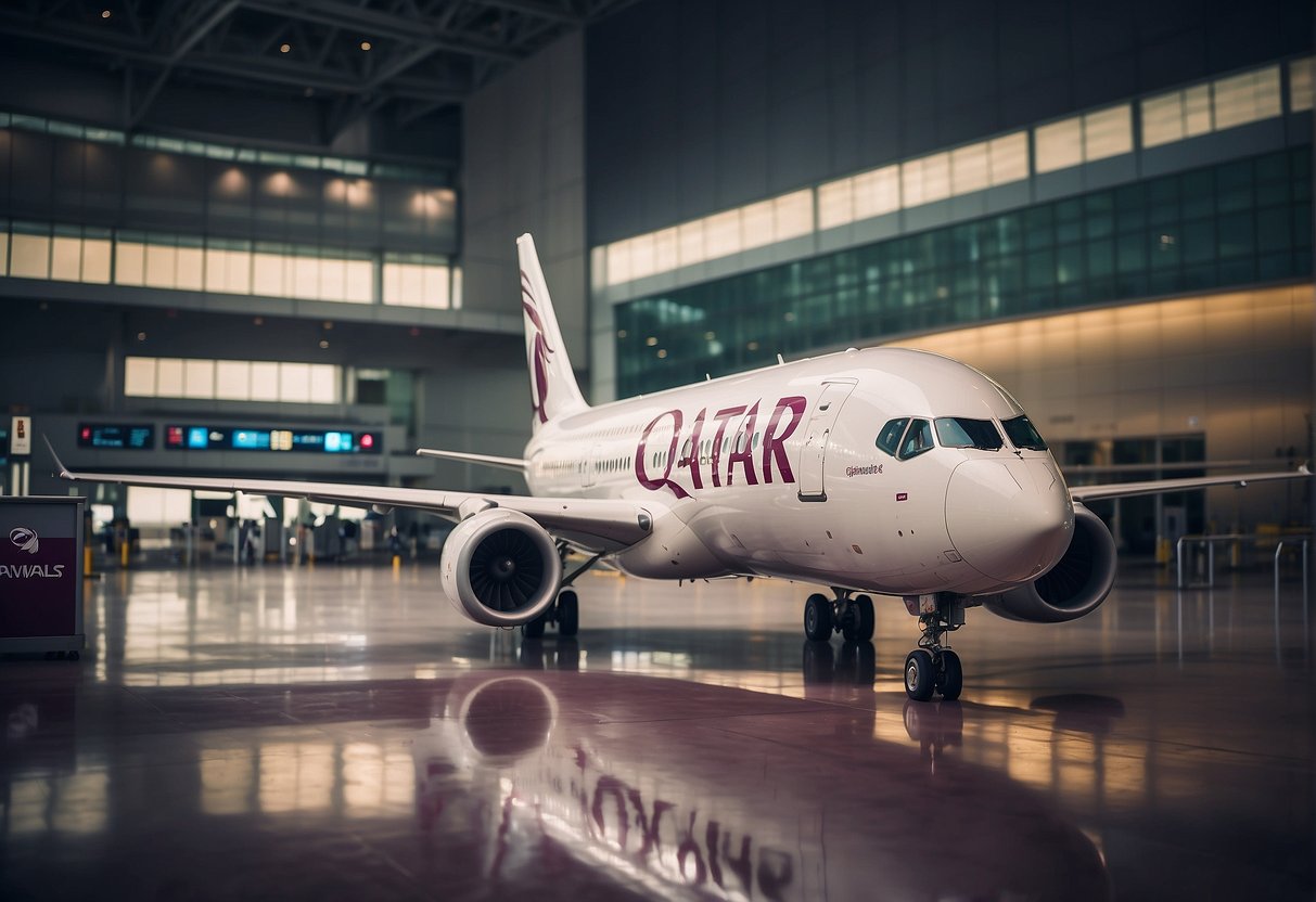 A Qatar Airways plane parked at an airport gate, with the airline's logo prominently displayed on the fuselage. Ground crew and equipment are visible in the background