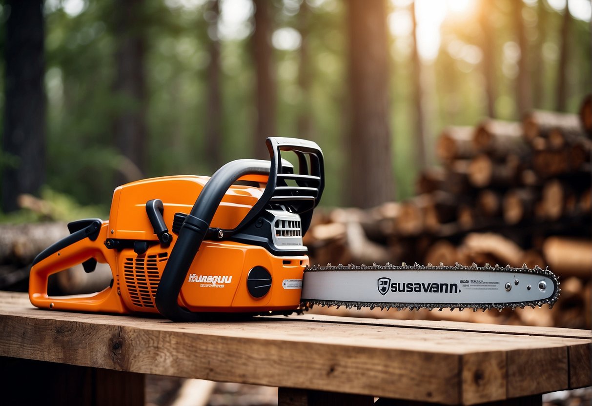 Two Husqvarna chainsaws, the 450 and 450 Rancher, sit side by side on a wooden workbench in a rustic outdoor setting