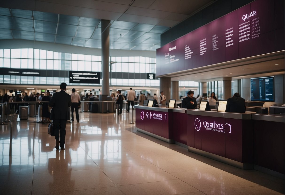 A bustling airport with a Qatar Airways desk prominently displaying contact information. Passengers and staff interact, highlighting the importance of public access