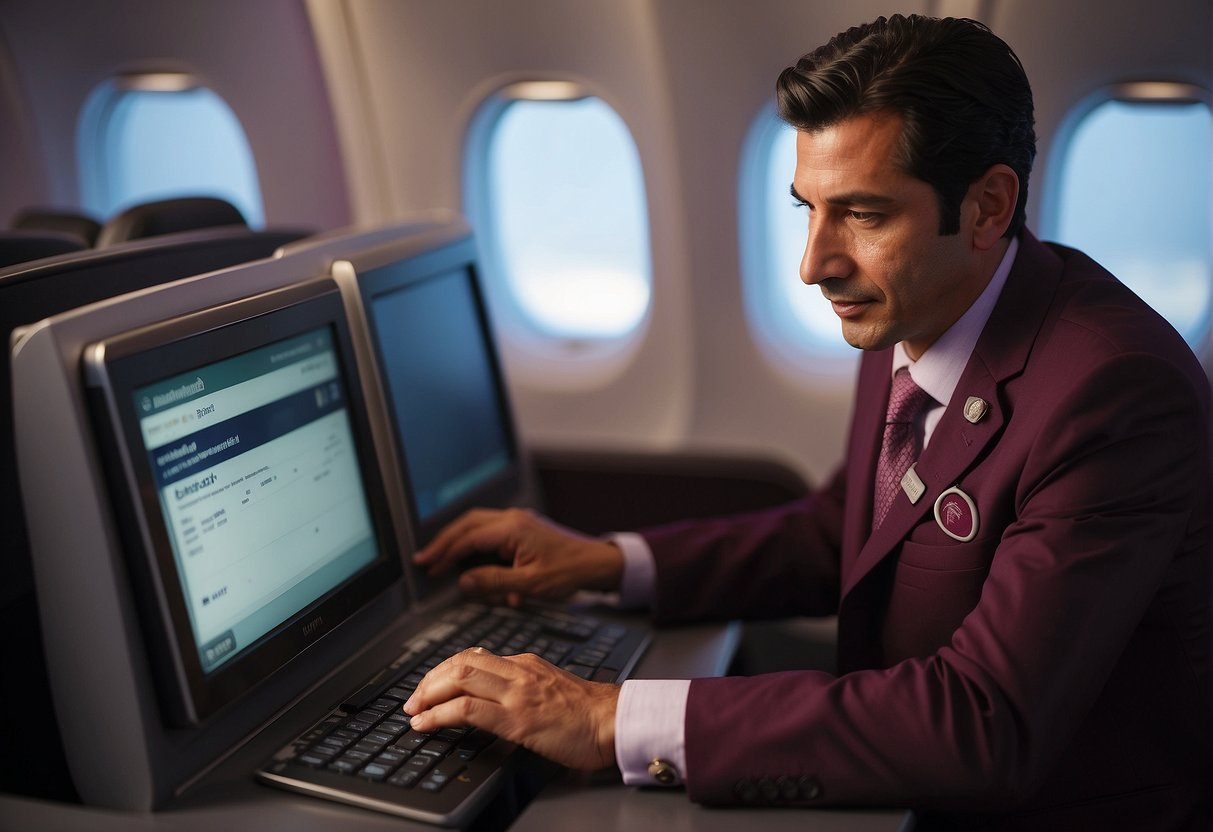 A Qatar Airways agent updates passenger details on a computer, with the airline's logo and contact information displayed prominently