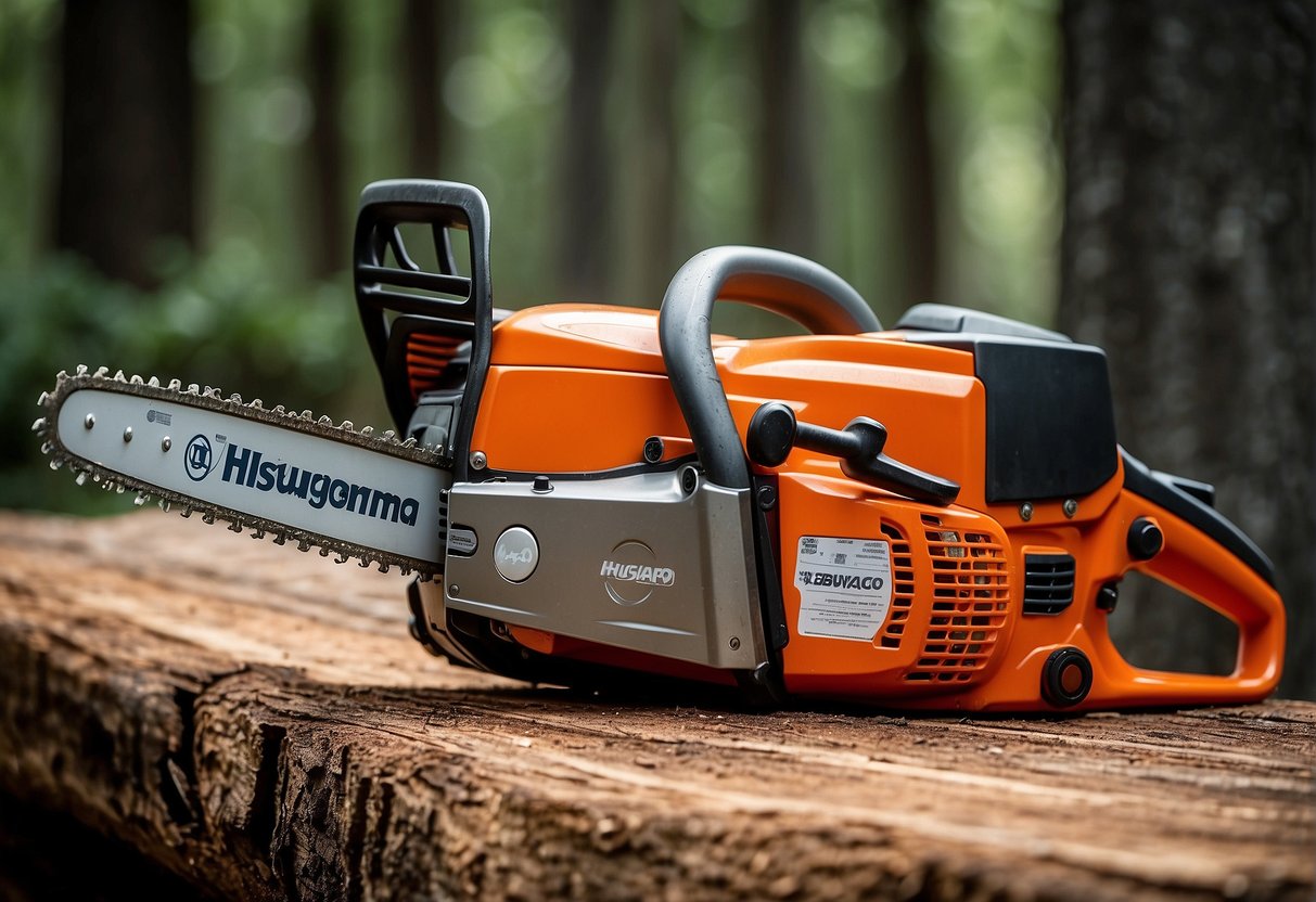 The Husqvarna 450 and 450 Rancher chainsaws are displayed side by side, showcasing their safety and convenience features. The chainsaws are surrounded by protective gear and tools, emphasizing their user-friendly design