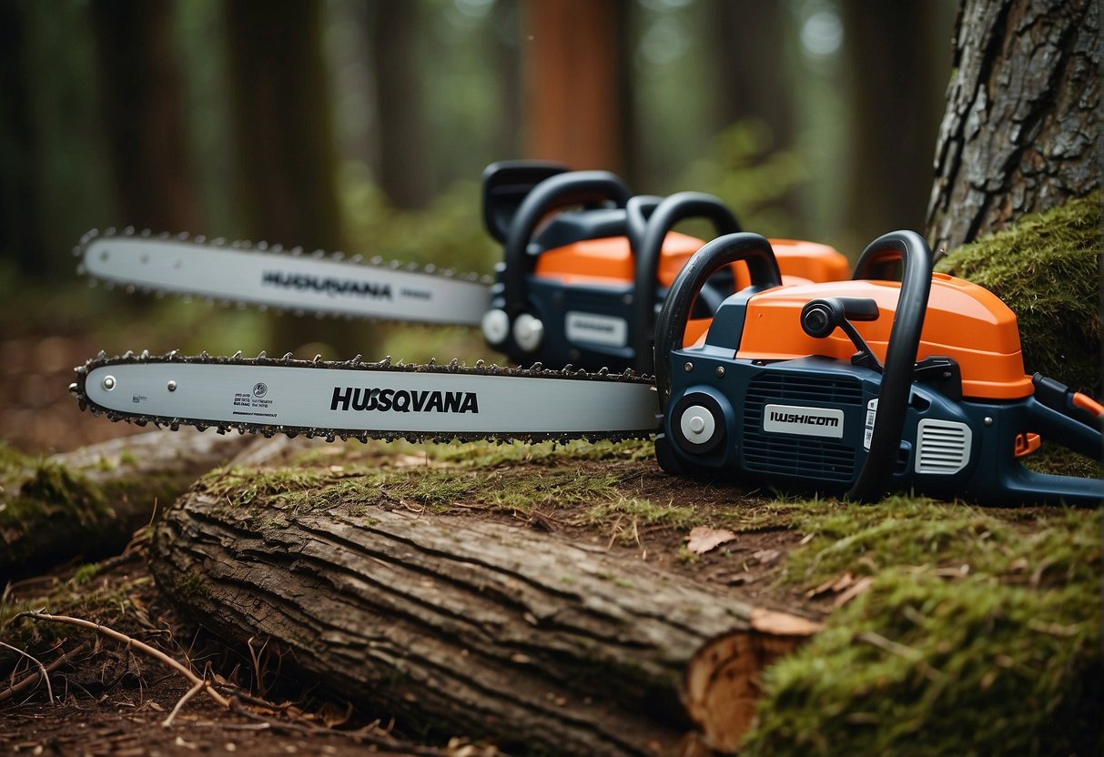 Two chainsaws side by side, labeled "Husqvarna 450" and "Husqvarna 450 Rancher." Text below reads "Frequently Asked Questions."