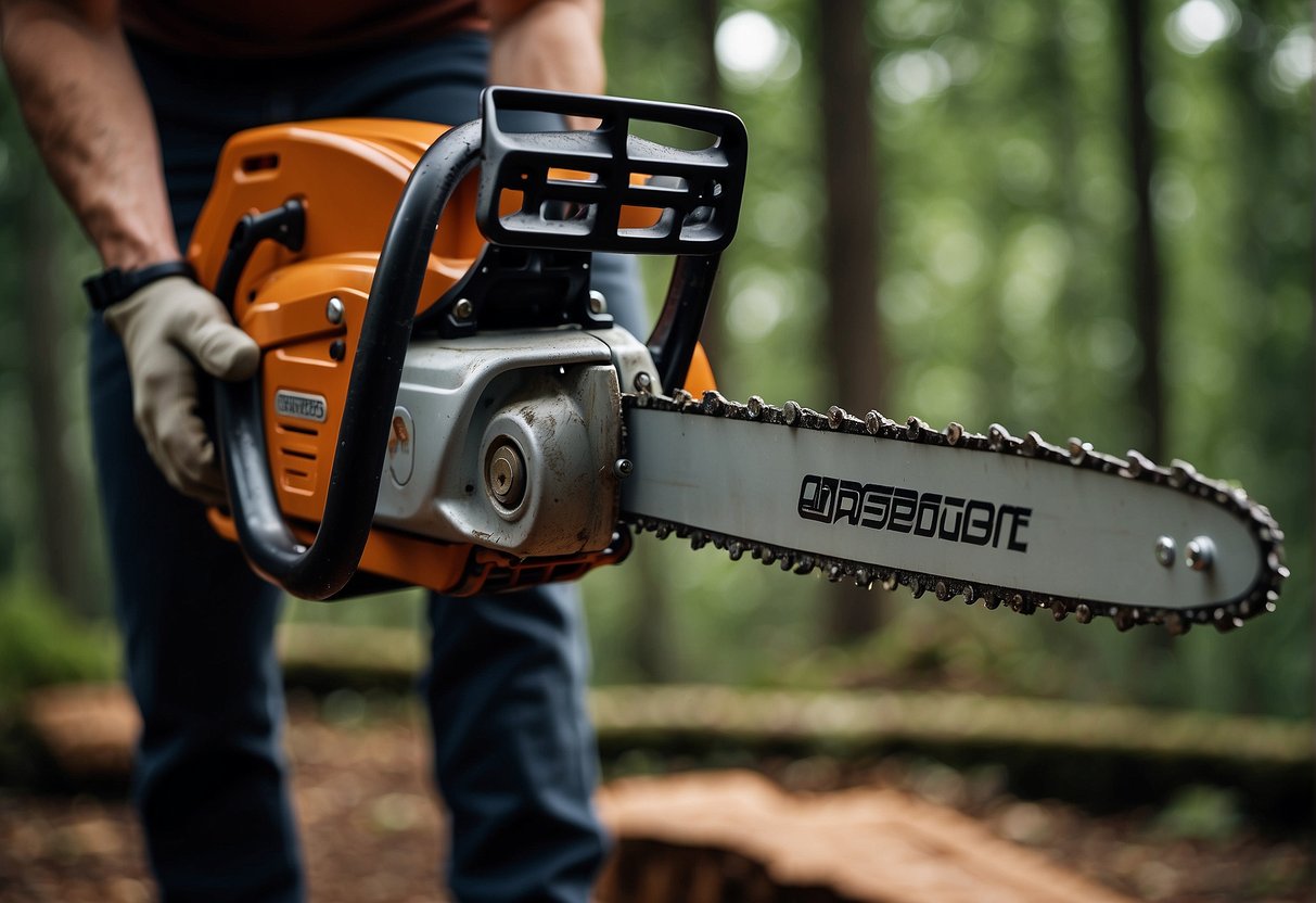 A top handle chainsaw is held against a rear surface
