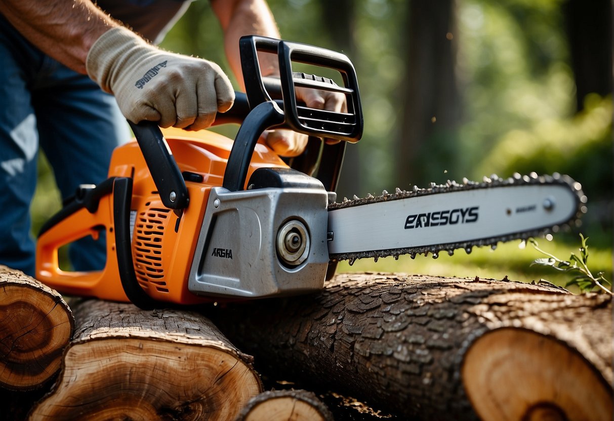 A top handle chainsaw is held by a user, while a rear handle chainsaw is placed on a flat surface. The design and ergonomics of both chainsaws are emphasized in the illustration