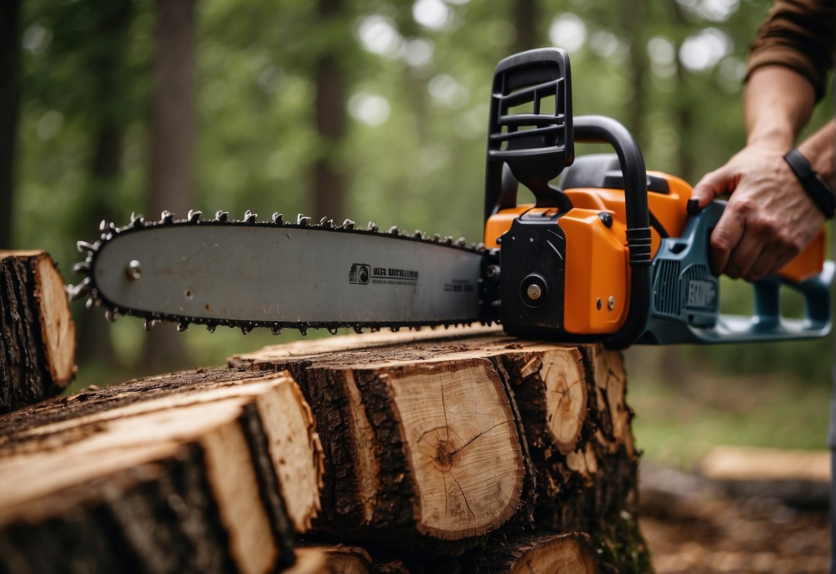 A person holds a chainsaw by the top handle, demonstrating proper safety and handling, while another person holds the chainsaw by the rear handle