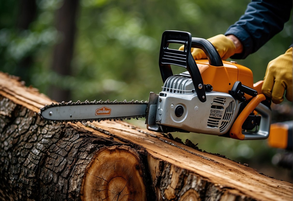 A top handle chainsaw is being used for heavy-duty cutting, while a rear handle chainsaw is being tested for its durability in a rugged outdoor environment
