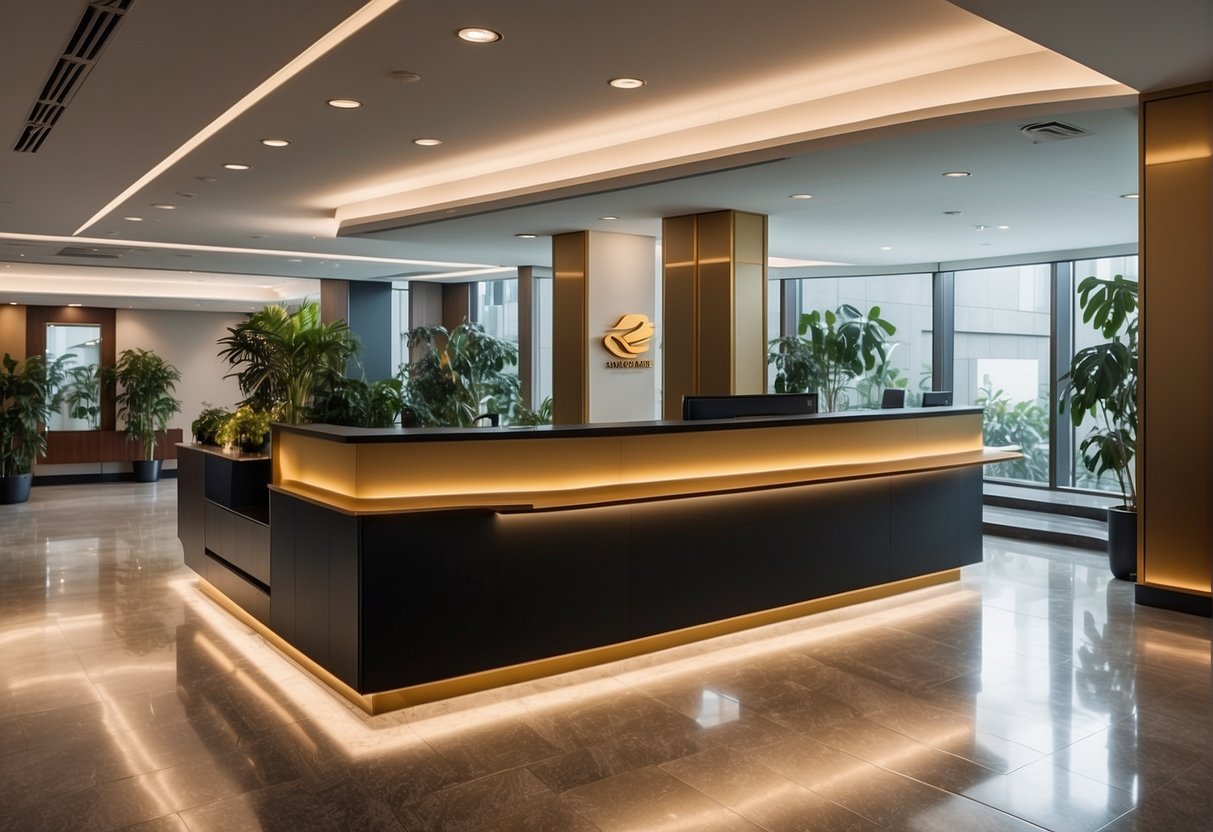 A sleek and modern Singapore Airlines office, with a bright and welcoming reception area, staffed by friendly and professional customer service representatives