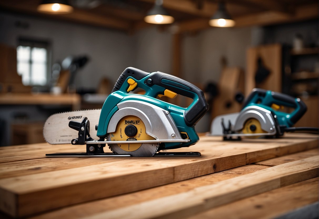 Two cordless saws, dcs382b and dcs367b, positioned side by side on a wooden workbench