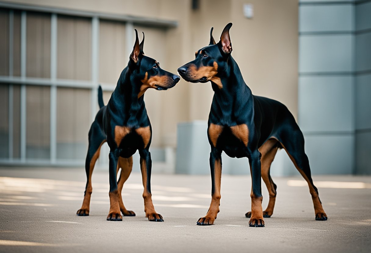 Two doberman pinschers face off, showcasing their origins and history through their powerful and alert stances