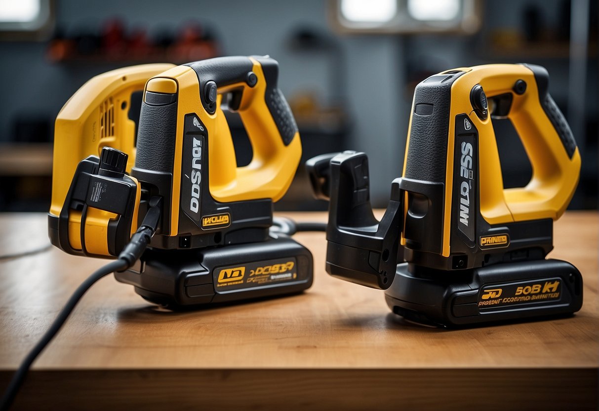 Two power tools, dcs382b and dcs367b, side by side with durability and warranty labels prominently displayed