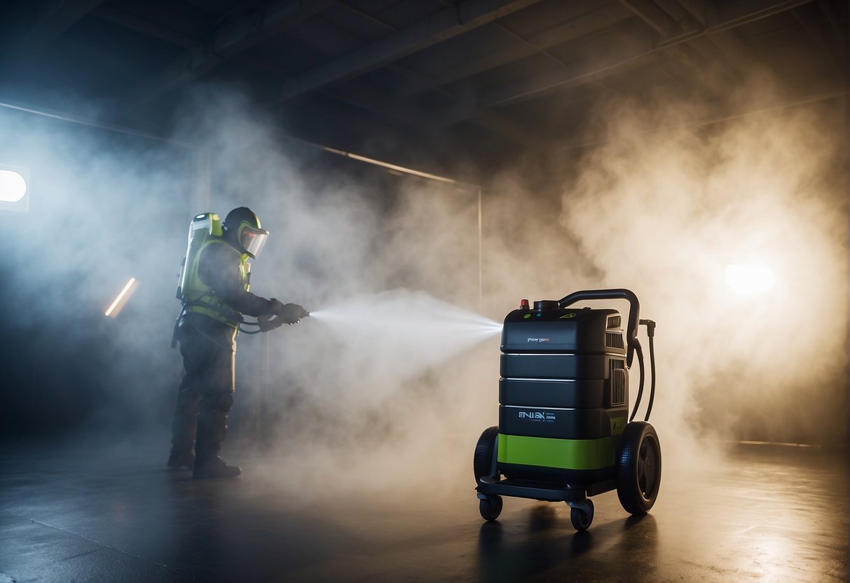 An electrostatic sprayer and fogger face off, emitting fine mists of disinfectant in a spacious, dimly lit room