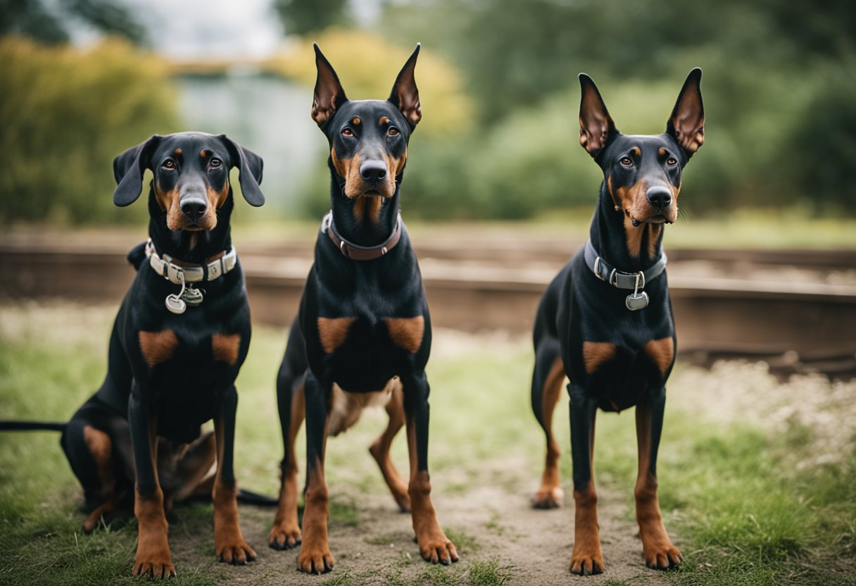 Two dobermans train, one with a focused expression, the other with an attentive stance, showcasing their intelligence and strength