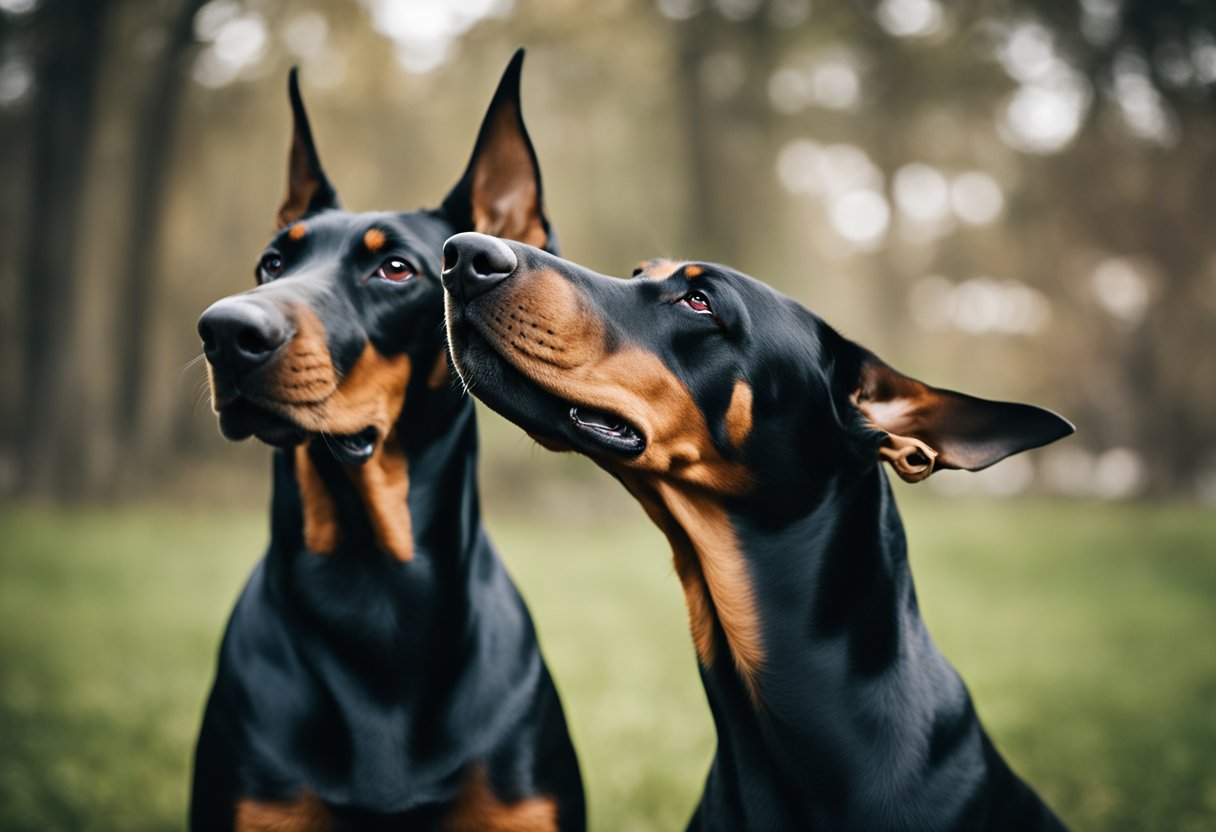 Two doberman pinschers face off, one with a stigmatized look, while the other exudes confidence. Breed-specific legislation creates a tense atmosphere
