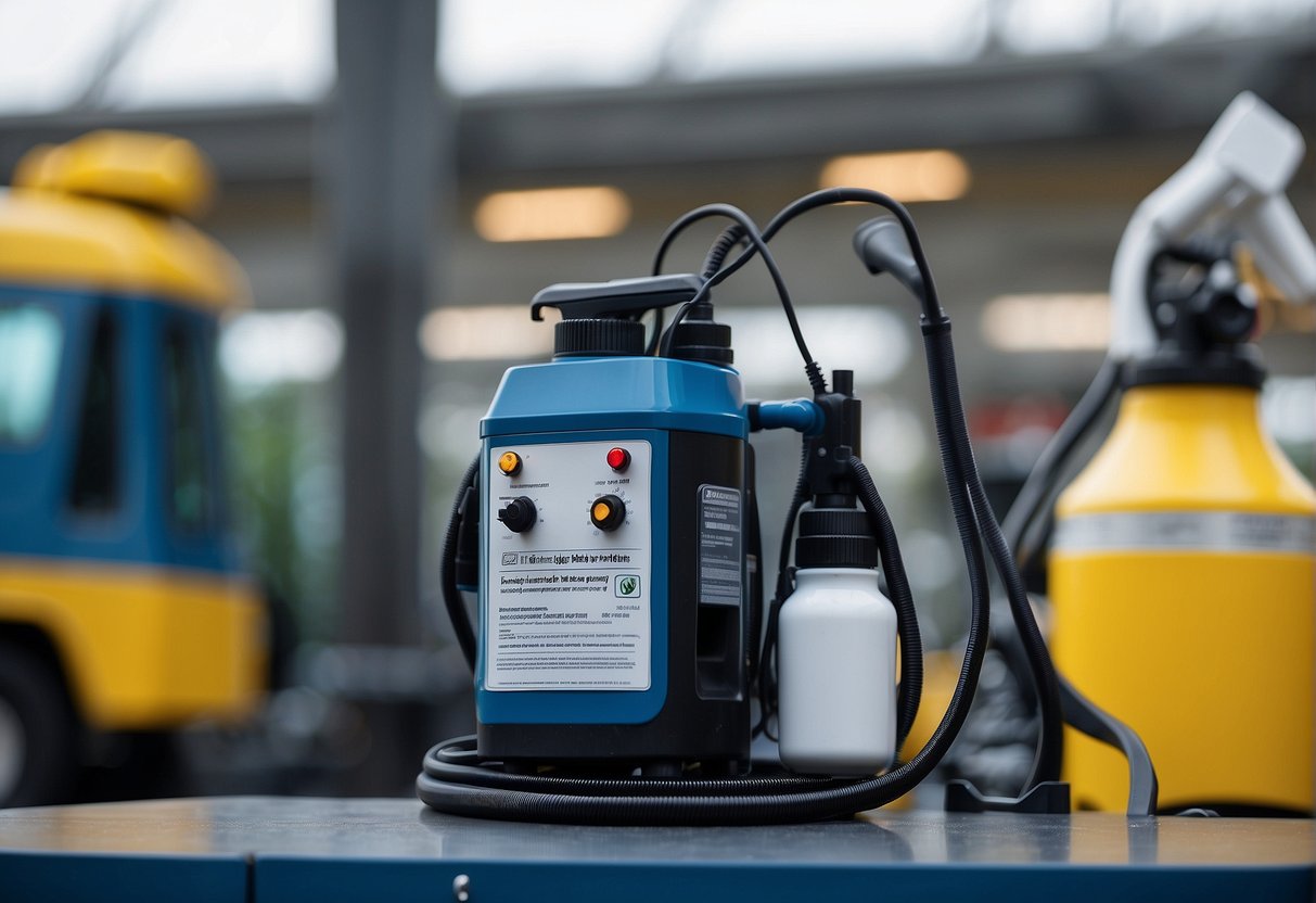 An electrostatic sprayer and fogger sit side by side, surrounded by safety signage and environmental protection equipment