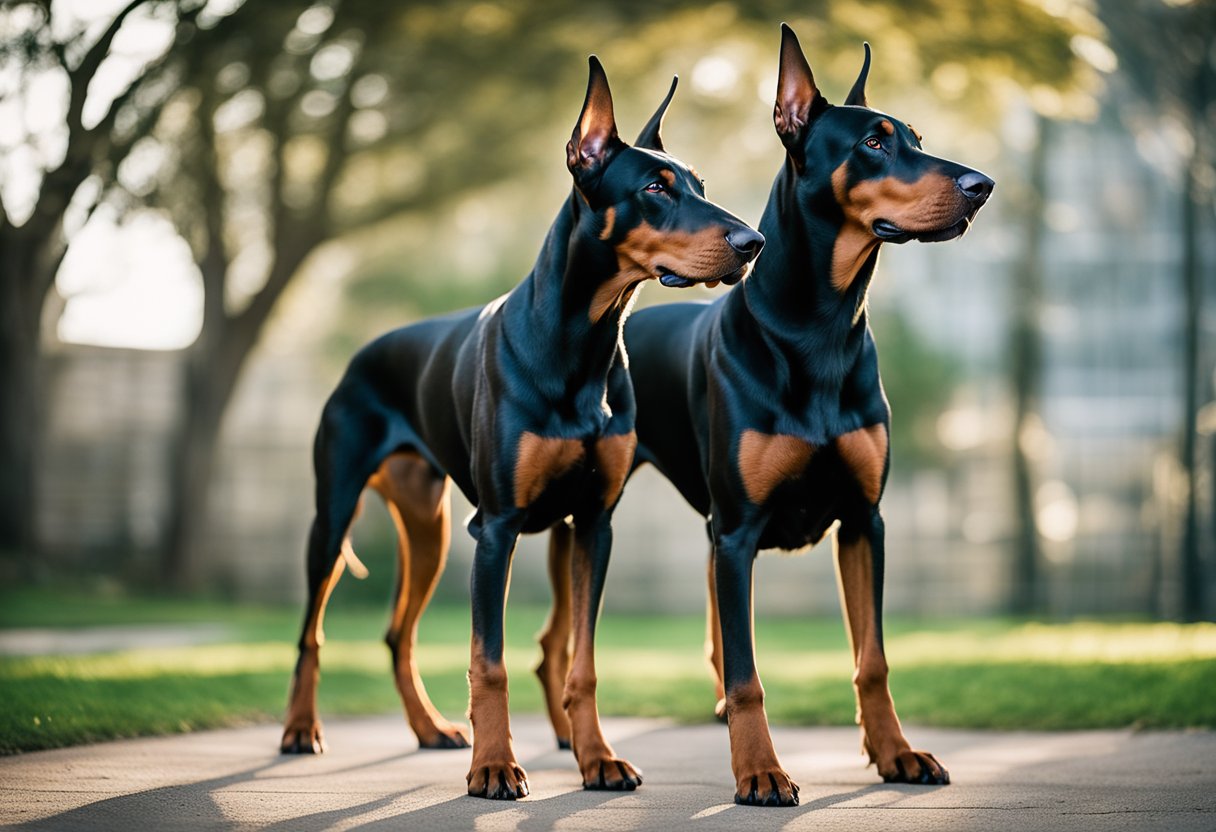 Two Doberman Pinschers stand face to face, showcasing their sleek, muscular bodies and alert, confident expressions, highlighting their kinship to other breeds
