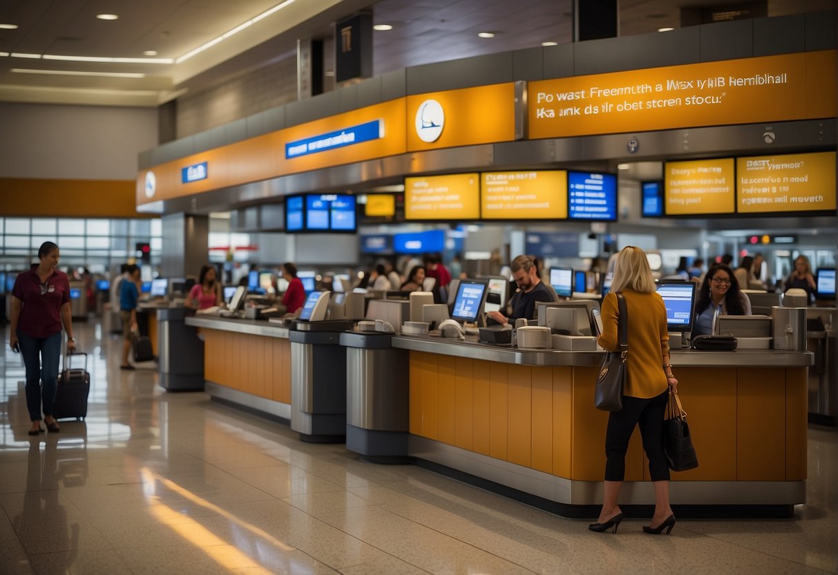 A busy airport terminal with a prominent Southwest Airlines customer service desk displaying clear contact information for passengers