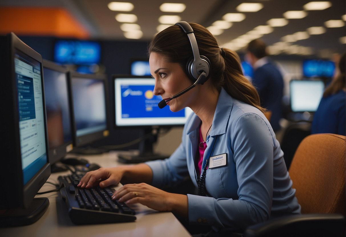 A customer service representative inputs passenger details into a computer, surrounded by Southwest Airlines contact information