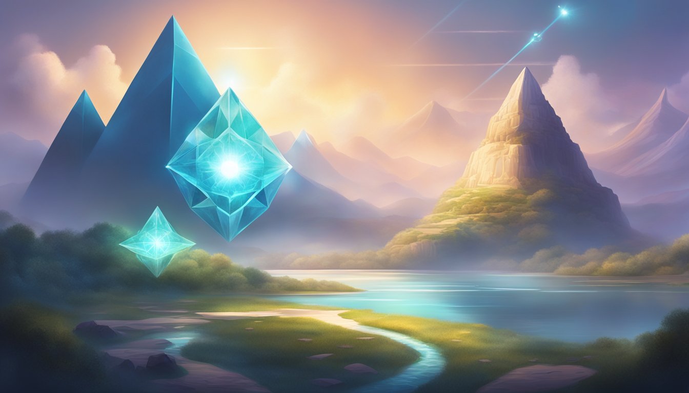 A serene, mystical landscape with ancient symbols and a glowing crystal, surrounded by ethereal light and a sense of profound spirituality