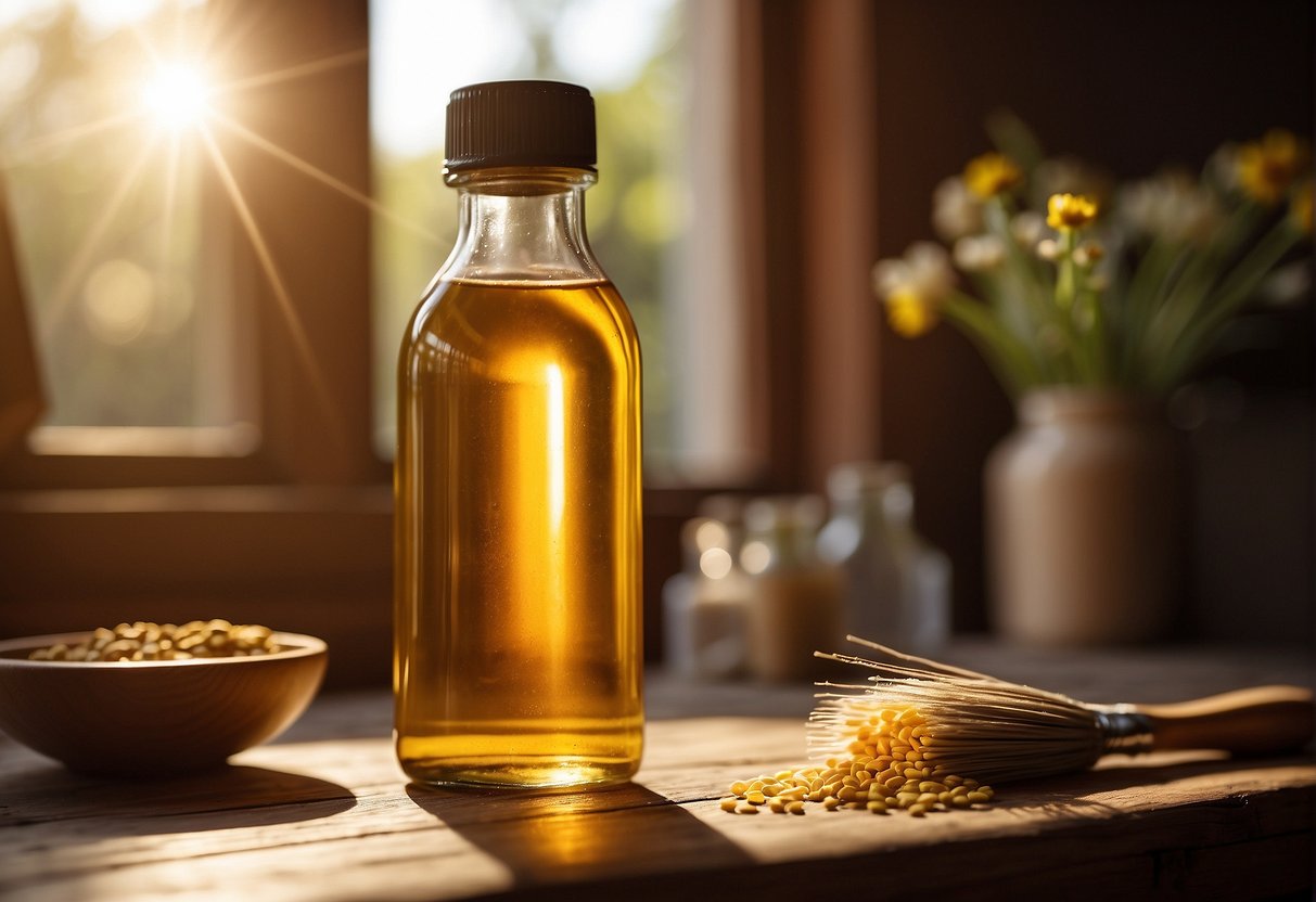 A bottle of gamsol and linseed oil sit on a wooden table, surrounded by paintbrushes and a canvas. The sunlight streams through a nearby window, casting a warm glow on the scene