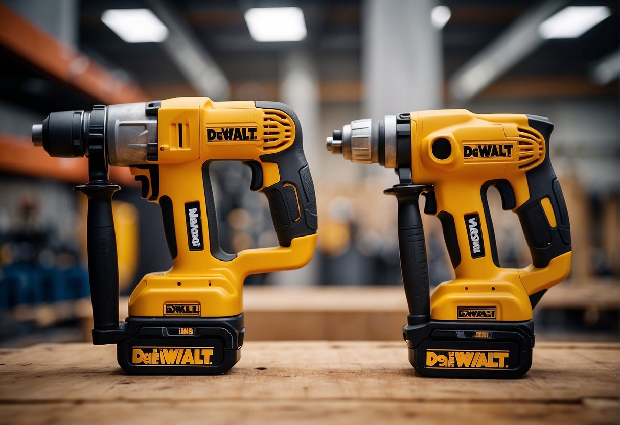 Two power tool brands, Worx and Dewalt, face off in a construction site setting with their respective tools on display