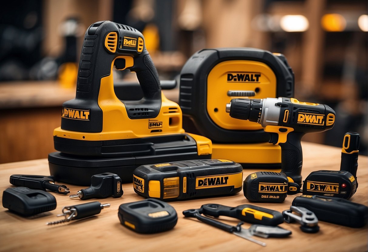 Two sets of power tools on display, one labeled "worx" and the other "dewalt," with various tools and equipment surrounding them