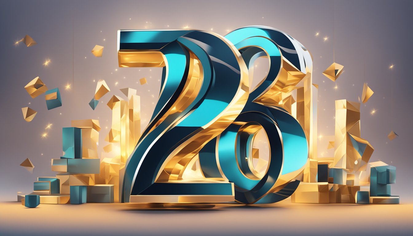 A stack of numerals "1235" with a shining light above, surrounded by abstract shapes and lines
