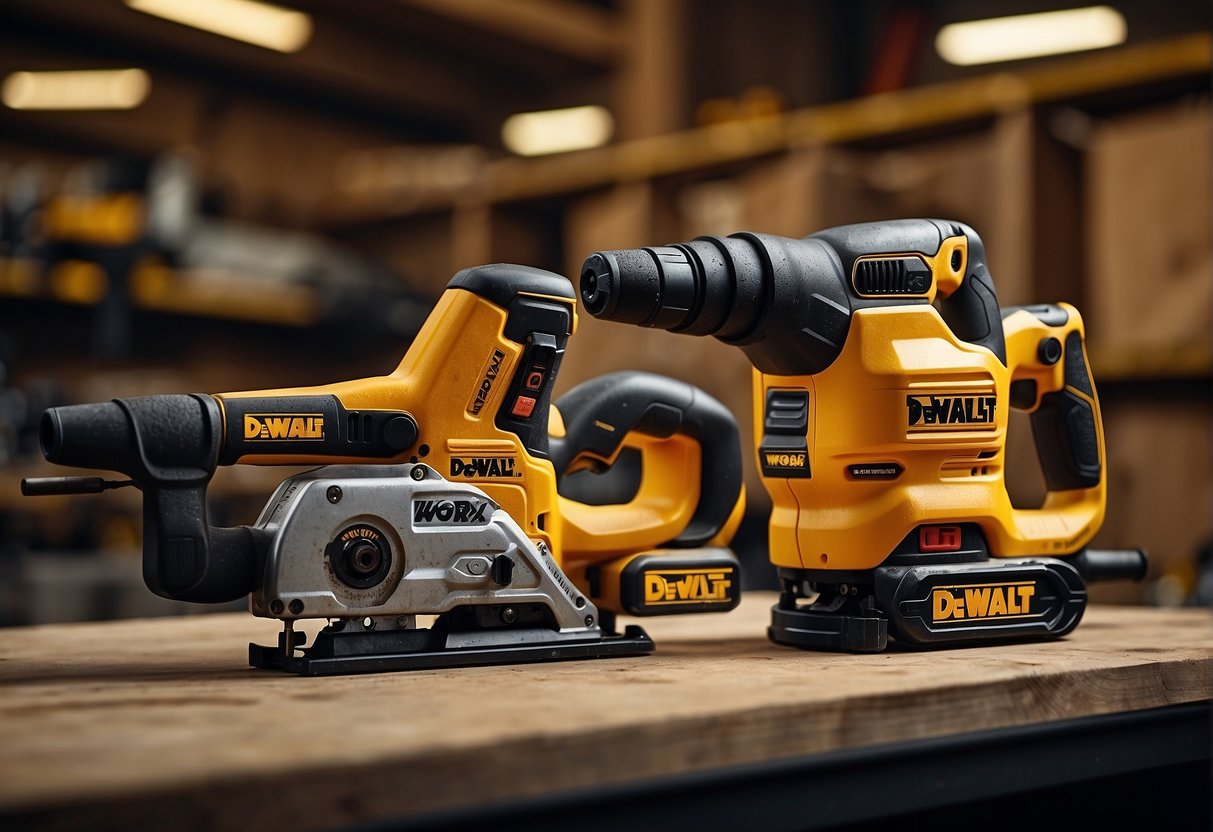 Two power tool brands, Worx and DeWalt, compete in a side-by-side comparison test, showcasing their performance and usability