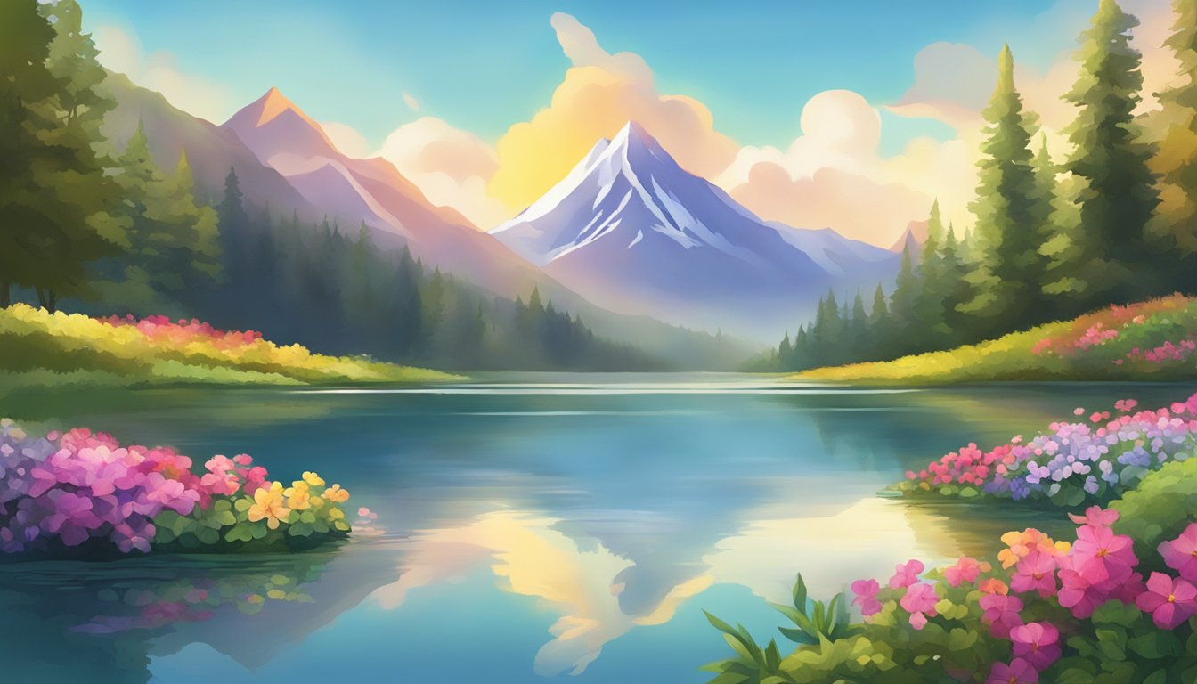 A serene mountain peak with a radiant sun and a tranquil lake below, surrounded by lush greenery and colorful flowers