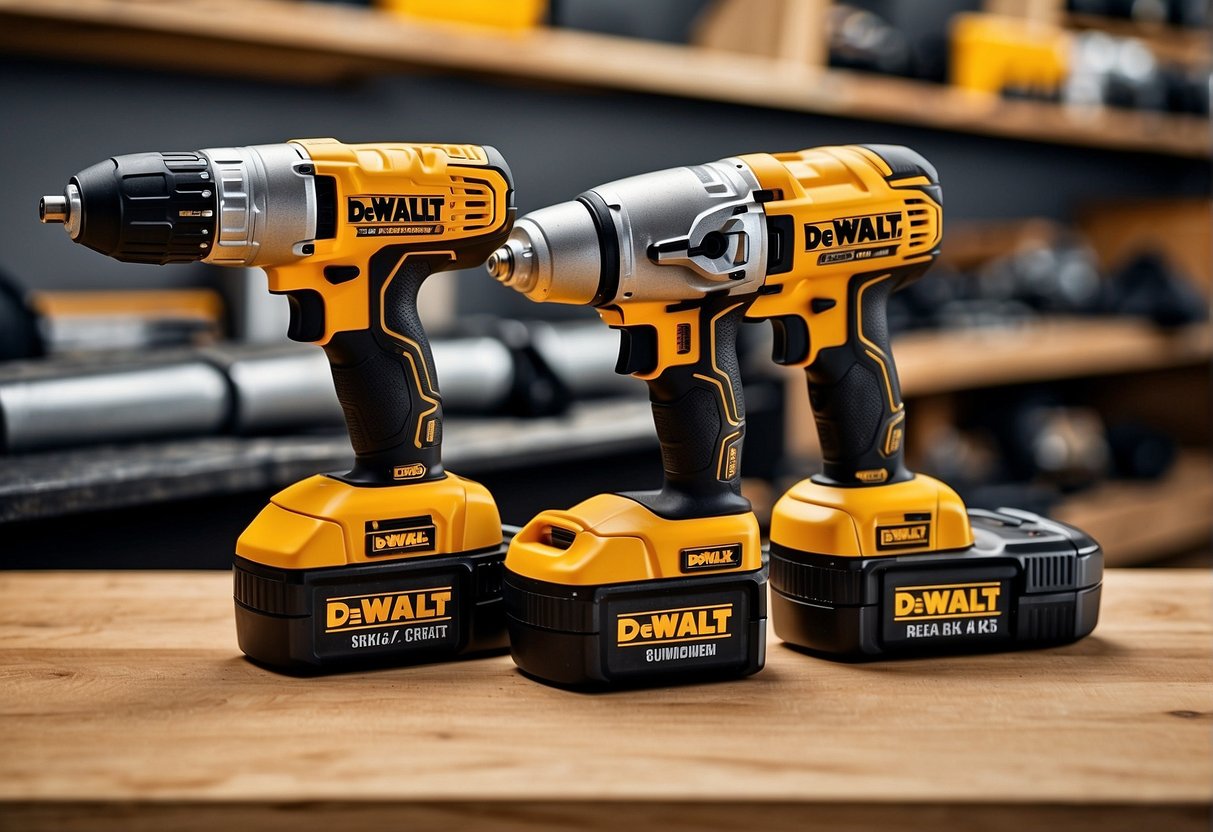 Two power tool sets side by side, one labeled "Worx" and the other "DeWalt," with price tags displayed and accessibility features highlighted