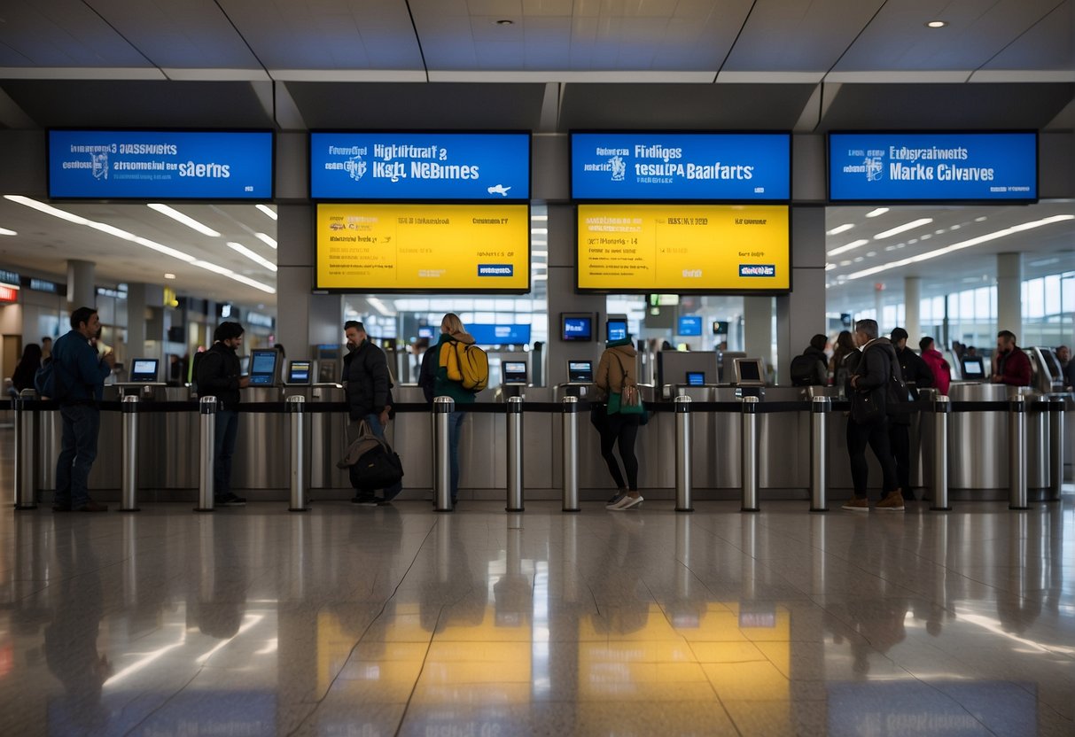 Passengers waiting at airport kiosks, searching for Spirit Airlines contact information on public boards and screens