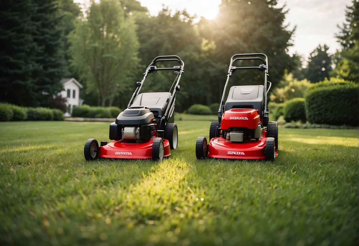 Two Honda lawn mowers, hrx217k5vka and hrx217vka, facing each other in a grassy yard