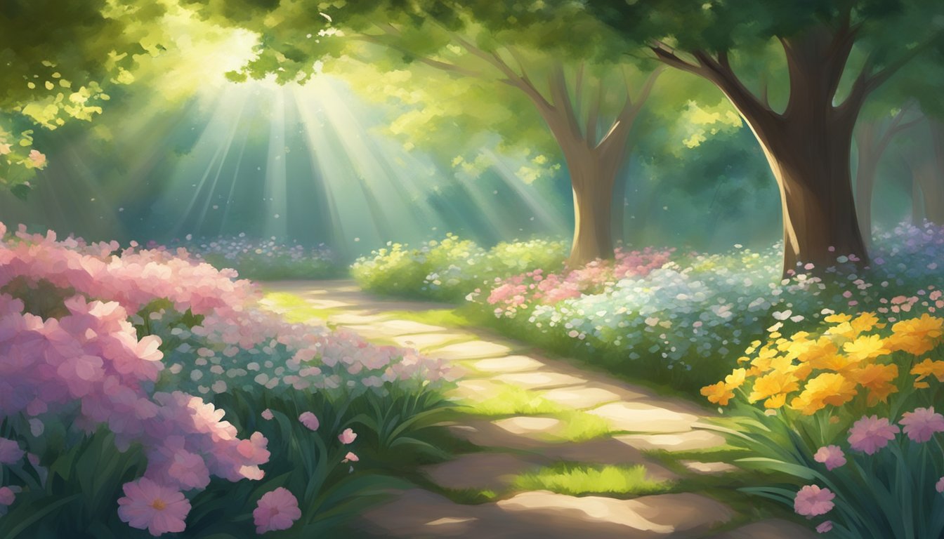 A serene garden with blooming flowers, a gentle breeze, and rays of sunlight filtering through the trees, creating a peaceful and harmonious atmosphere