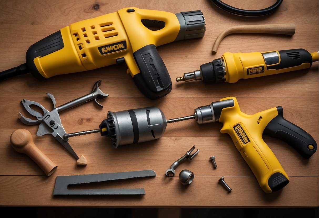 Power tools buzz and whirr, while hand tools lie nearby, ready for use. Sawdust fills the air as the two types of tools stand in contrast