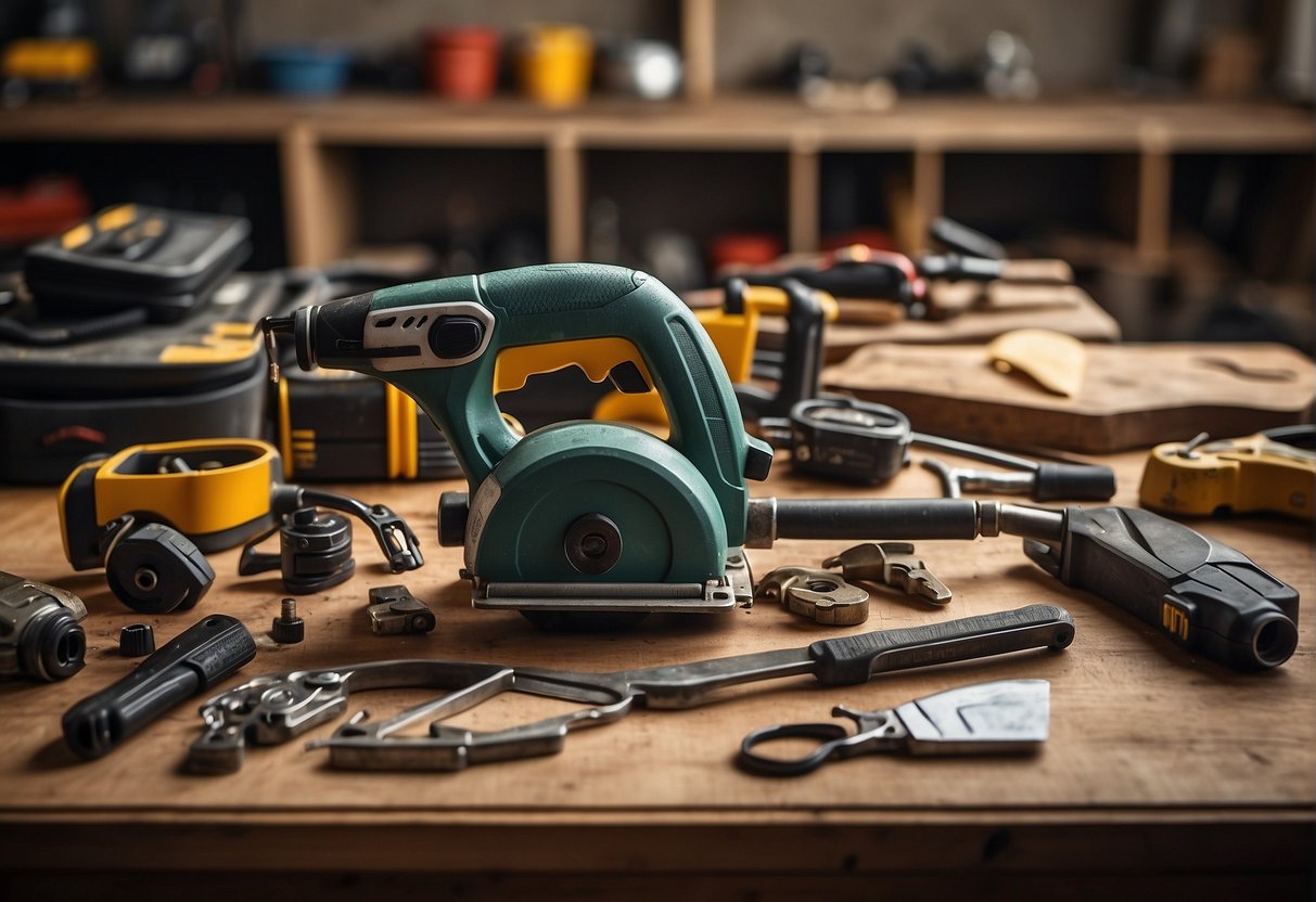 A workshop table with a variety of power tools and hand tools neatly arranged, with a project plan and safety equipment nearby