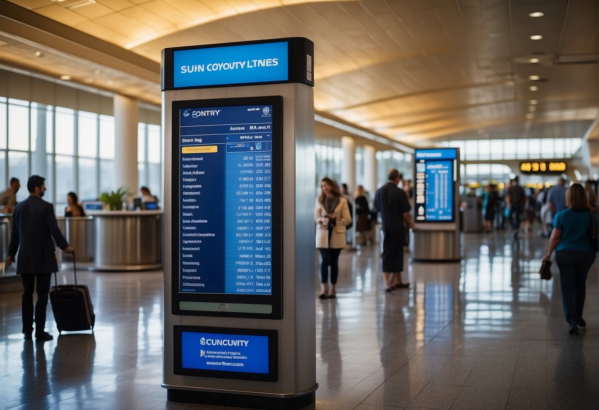 A busy airport terminal with people accessing Sun Country Airlines contact information from a public kiosk. Signs and screens prominently display phone numbers and email addresses