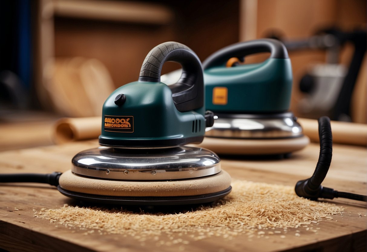 An air sander and an electric sander are positioned side by side on a workbench, surrounded by sawdust and wood shavings