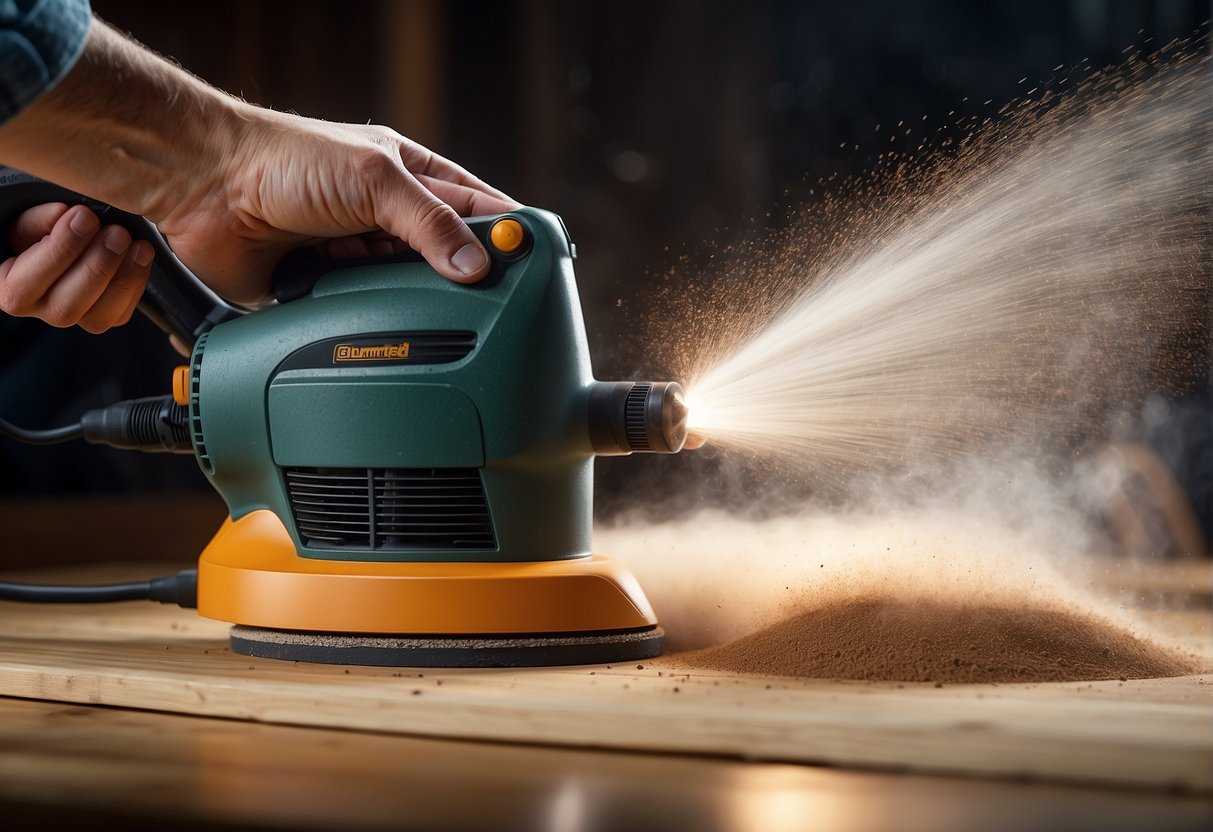 An electric sander whirs against wood, creating smooth, even surfaces. Dust is expelled from the machine, filling the air with a fine mist