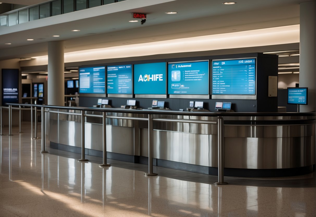 A bright, modern airport terminal with a prominent Swoop Airlines logo and contact information displayed on a digital screen