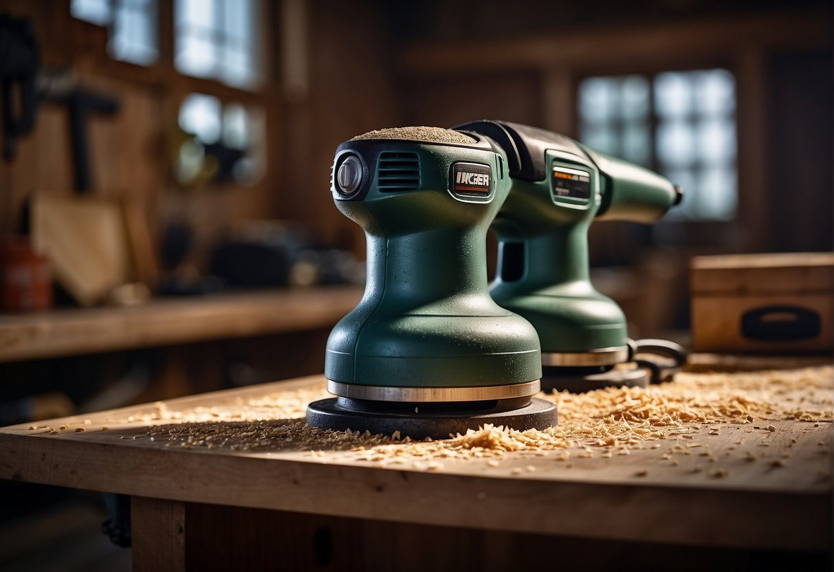 A power sander and electric sander sit side by side on a workbench, surrounded by wood shavings and dust