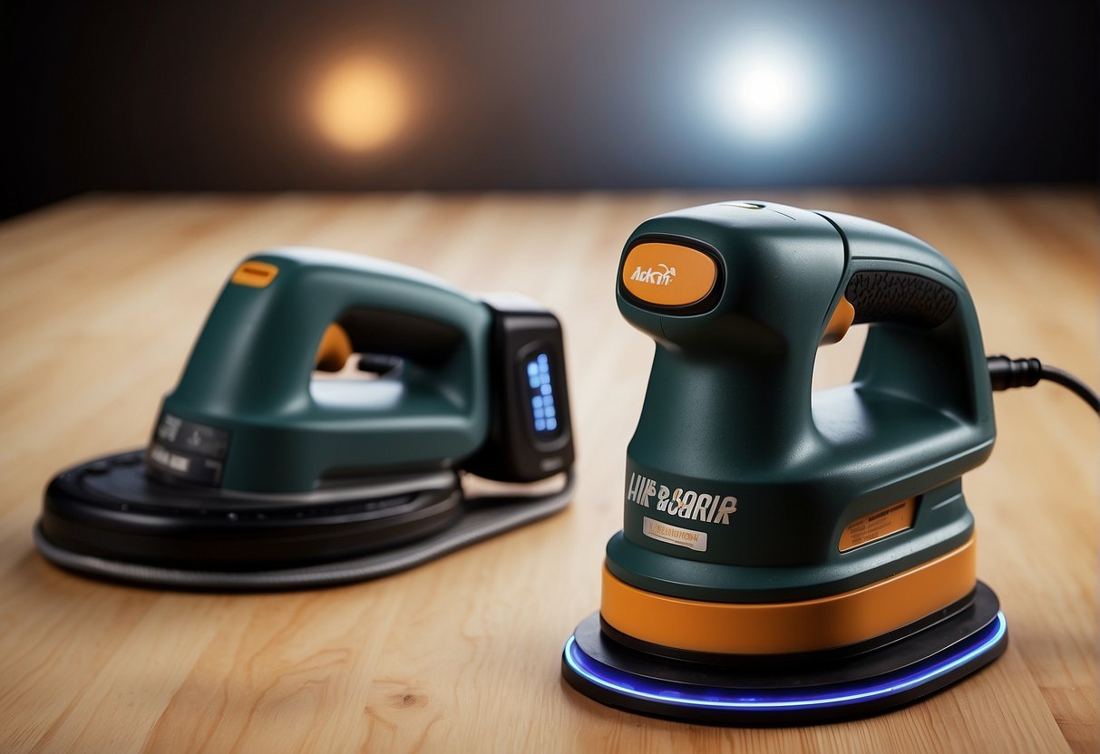 An air sander and an electric sander facing each other, with question marks floating between them