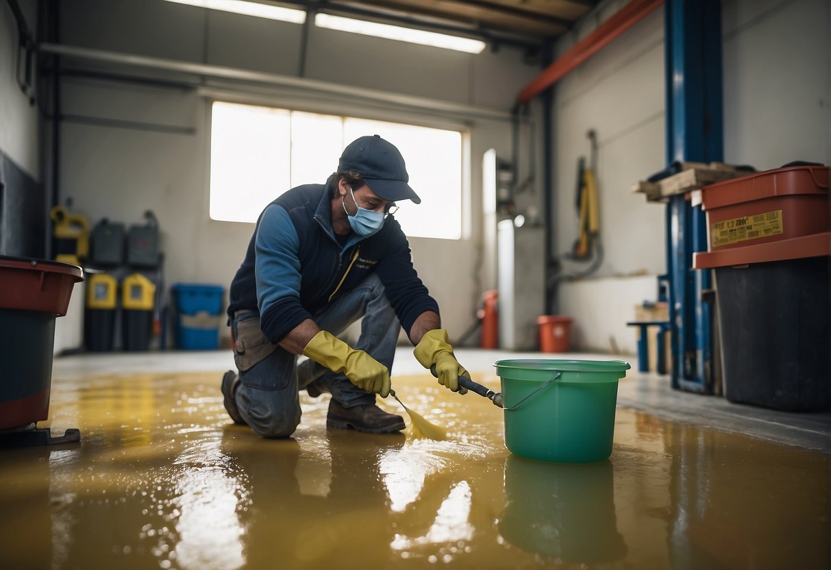 A person mixes epoxy resin and hardener, then applies it to a clean garage floor using a roller, ensuring even coverage and smooth finish