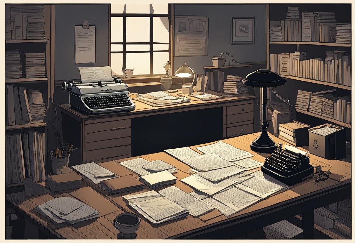 A dimly lit room with scattered papers, a typewriter, and a corkboard filled with photos and notes. A single desk lamp casts eerie shadows, setting the scene for a convincing crime mystery