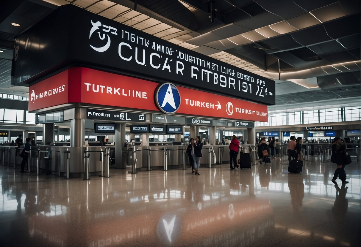 A bustling airport terminal with a prominent Turkish Airlines sign and a clear display of contact information for the airline. Busy travelers pass by, emphasizing the importance of public access to the airline's contact details