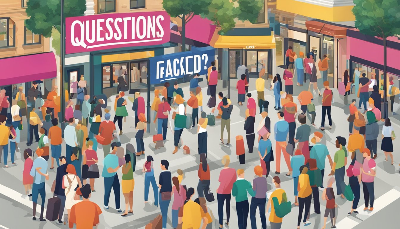 A large, bold "Frequently Asked Questions 166 Significado" sign hangs prominently in a bustling public space
